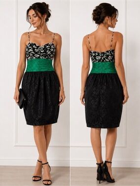 Vintage Terri John Rickie Freeman Silk Black Green Floral Cocktail Dress SZ 10